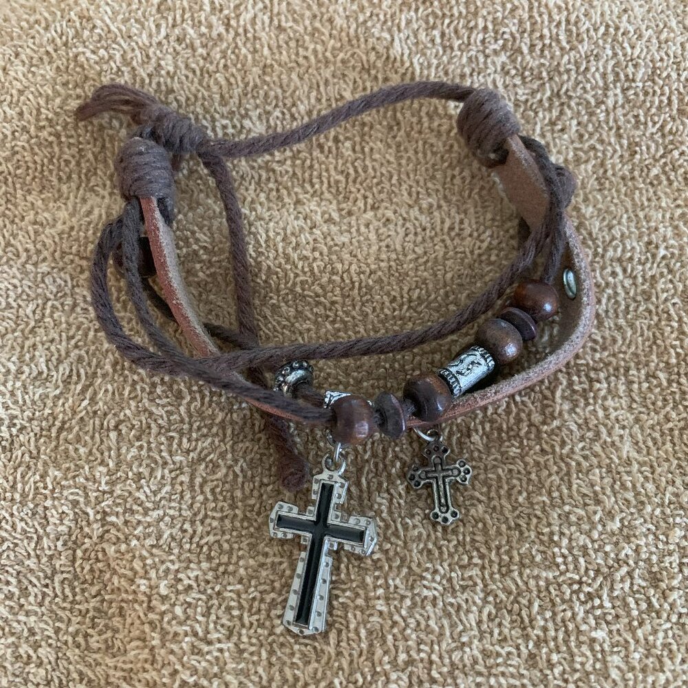 Leather Bracelet Watch w/Cross Charm